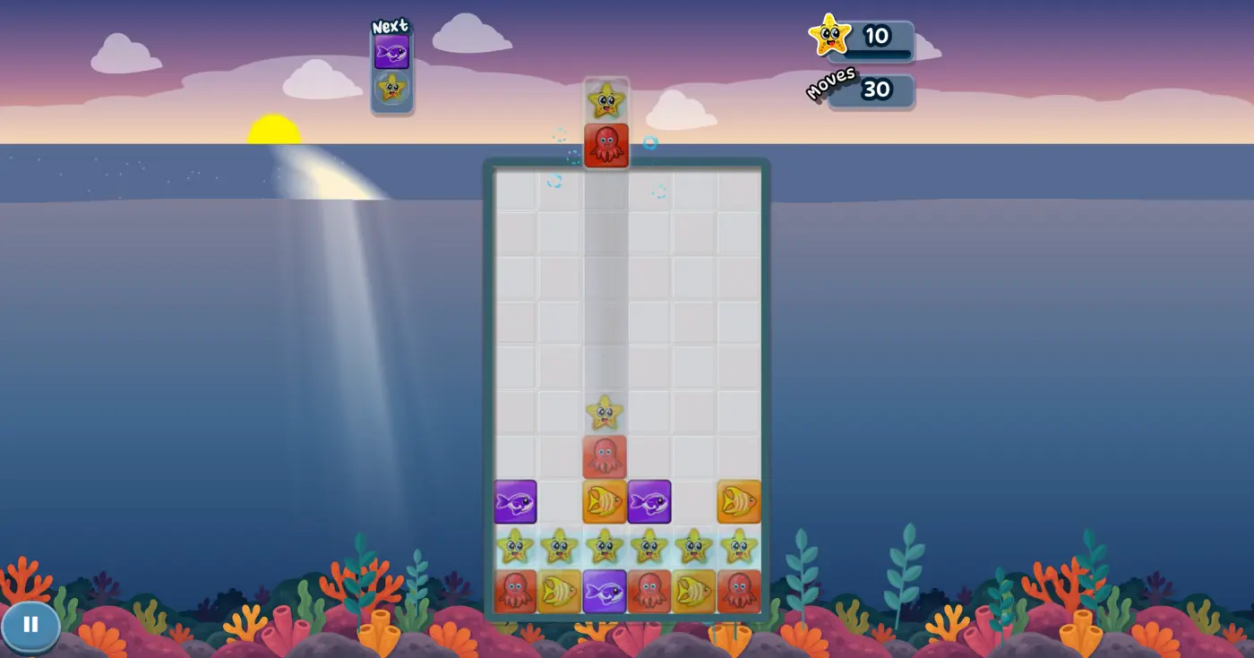 Gameplay board at dusk with a falling piece and stacked tiles