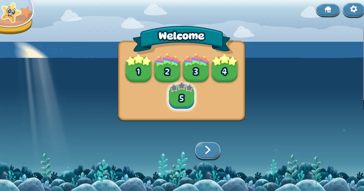 Level select screen with numbered level cards and star ratings